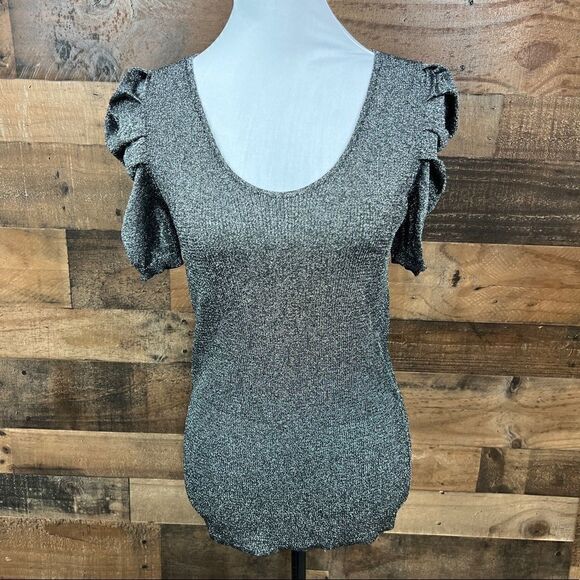 INC International Concepts Top Scoop Neck Black Metallic Puff Sleeves Stretch XL - Picture 16 of 16